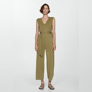 Mango Khaki bow long Jumpsuit NWT